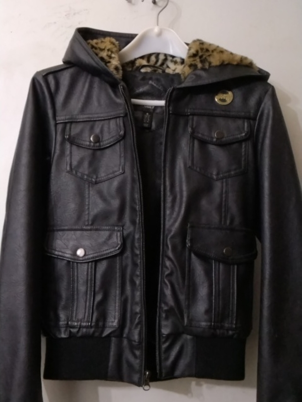 Vintage Obey Black Faux Leather Hooded Jacket W/ Faux Leapord Fur Women's Size S